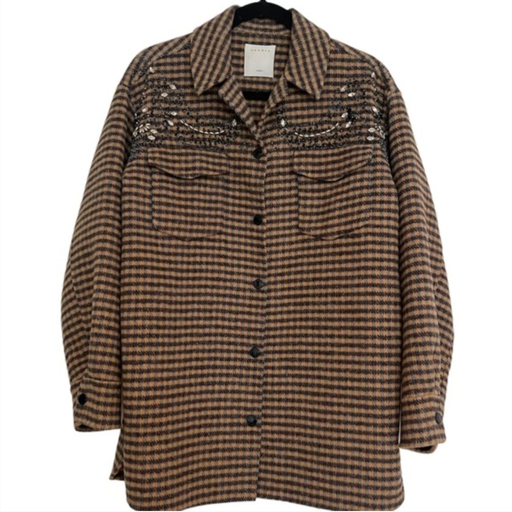 Sandro Embroidered Overshirt Wool Plaid Coat